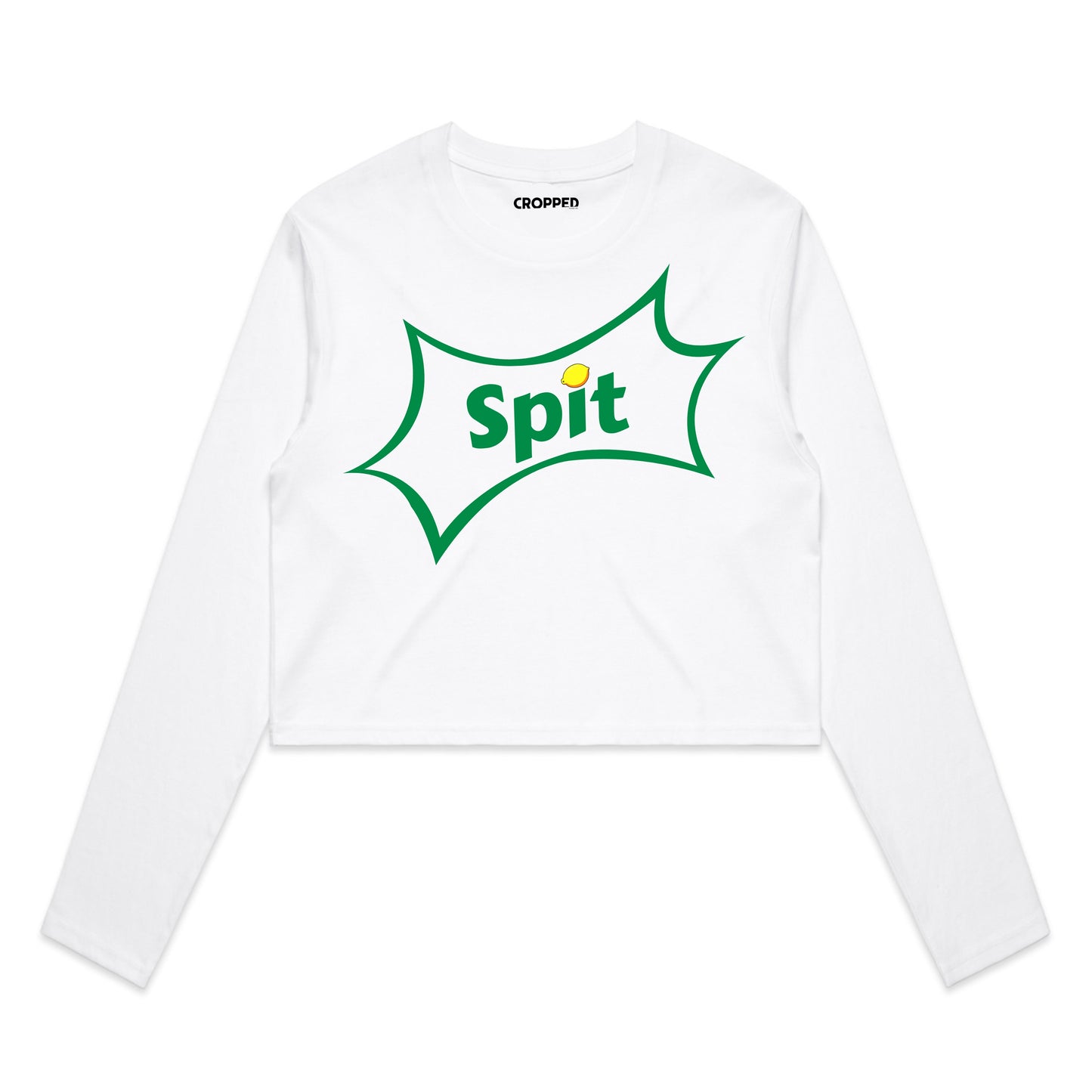 White long-sleeve shirt with 'Spit' logo on a white background