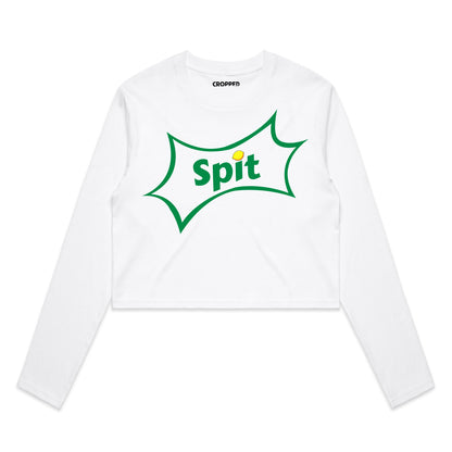 White long-sleeve shirt with 'Spit' logo on a white background