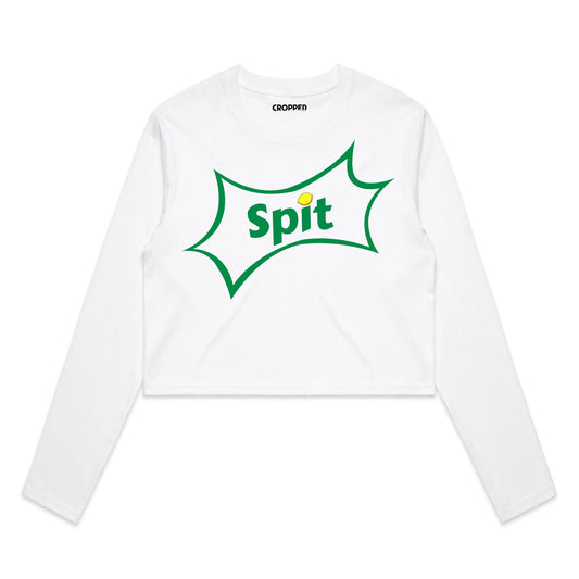 White long-sleeve shirt with 'Spit' logo on a white background